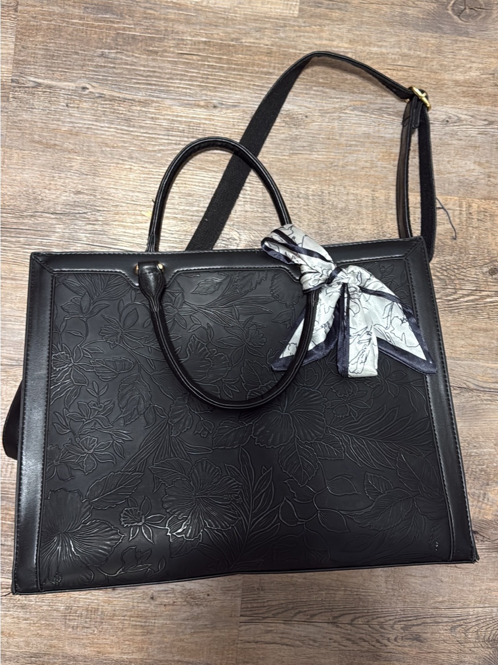 Black Floral-Embossed Tote Bag with Scarf Accent
